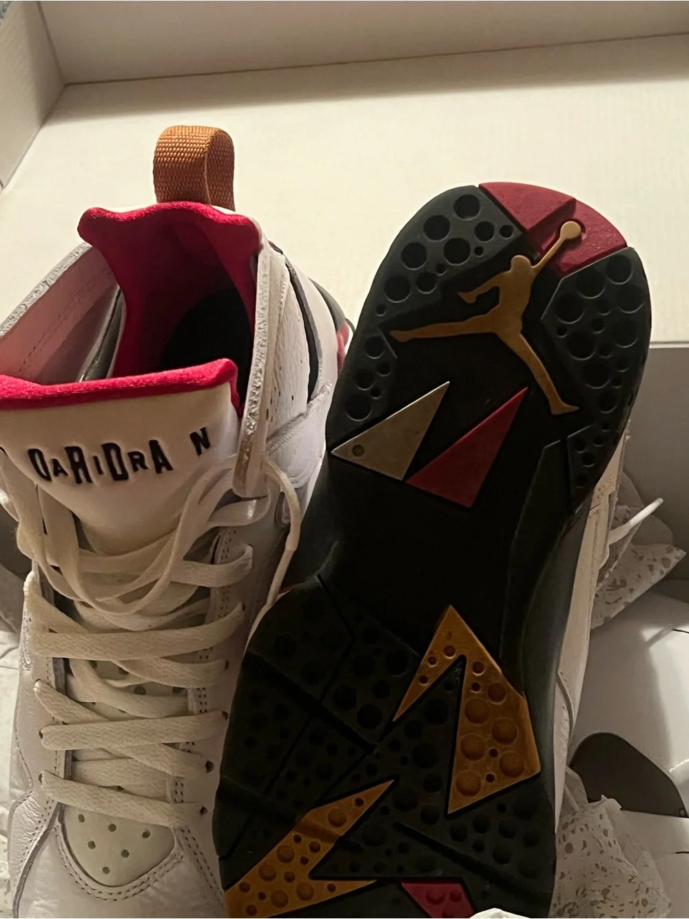 Jordan High-Top Sneakers in White with Red and Tan Accents